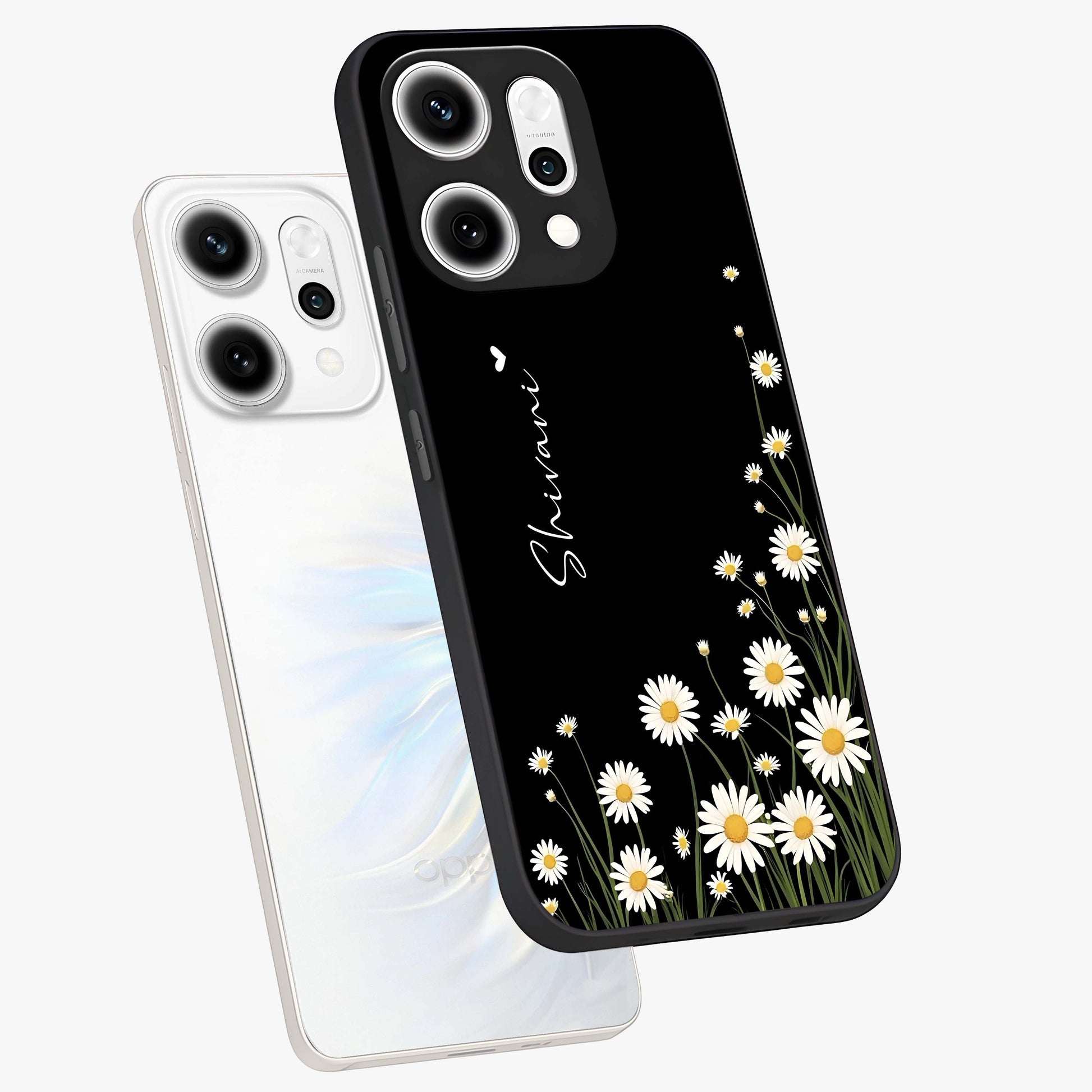 Daisy Cascade Custom Name Glass Case displayed in angled mockup highlighting delicate daisy artwork with custom name feature.