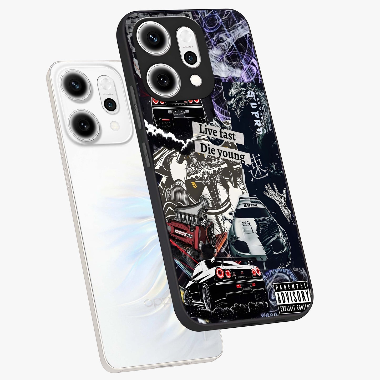 Die Young Glass Case displayed in angled mockup highlighting expressive graphic artwork with edgy aesthetic style.