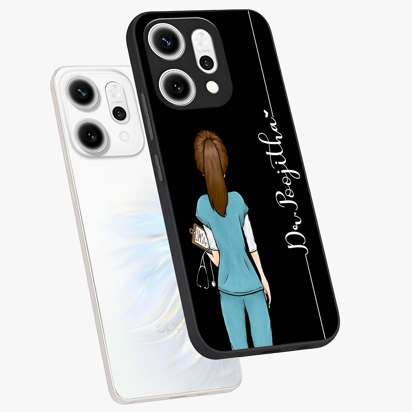 Doctor Pattern Custom Name Glass Case displayed in angled mockup highlighting doctor inspired artwork with custom name feature.