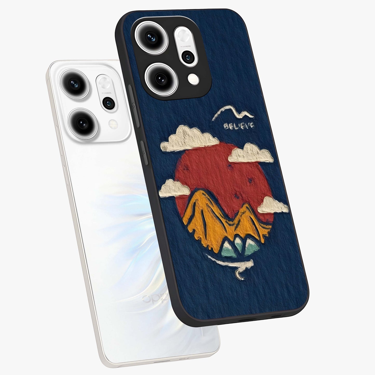 Dream Beyond Mountains Glass Case displayed in angled mockup highlighting dreamy mountain illustration with peaceful aesthetic.