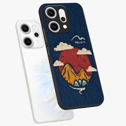 Dream Beyond Mountains Glass Case displayed in angled mockup highlighting dreamy mountain illustration with peaceful aesthetic.