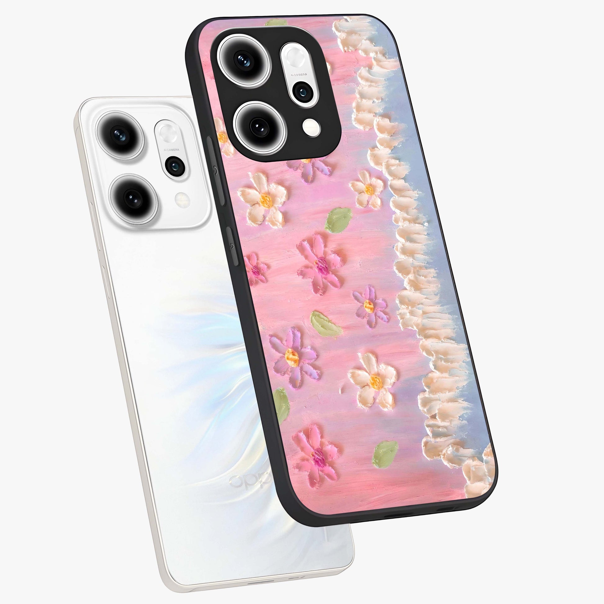 Dreamy Painted Garden Glass Case displayed in angled mockup highlighting colorful garden illustration with dreamy aesthetic style.