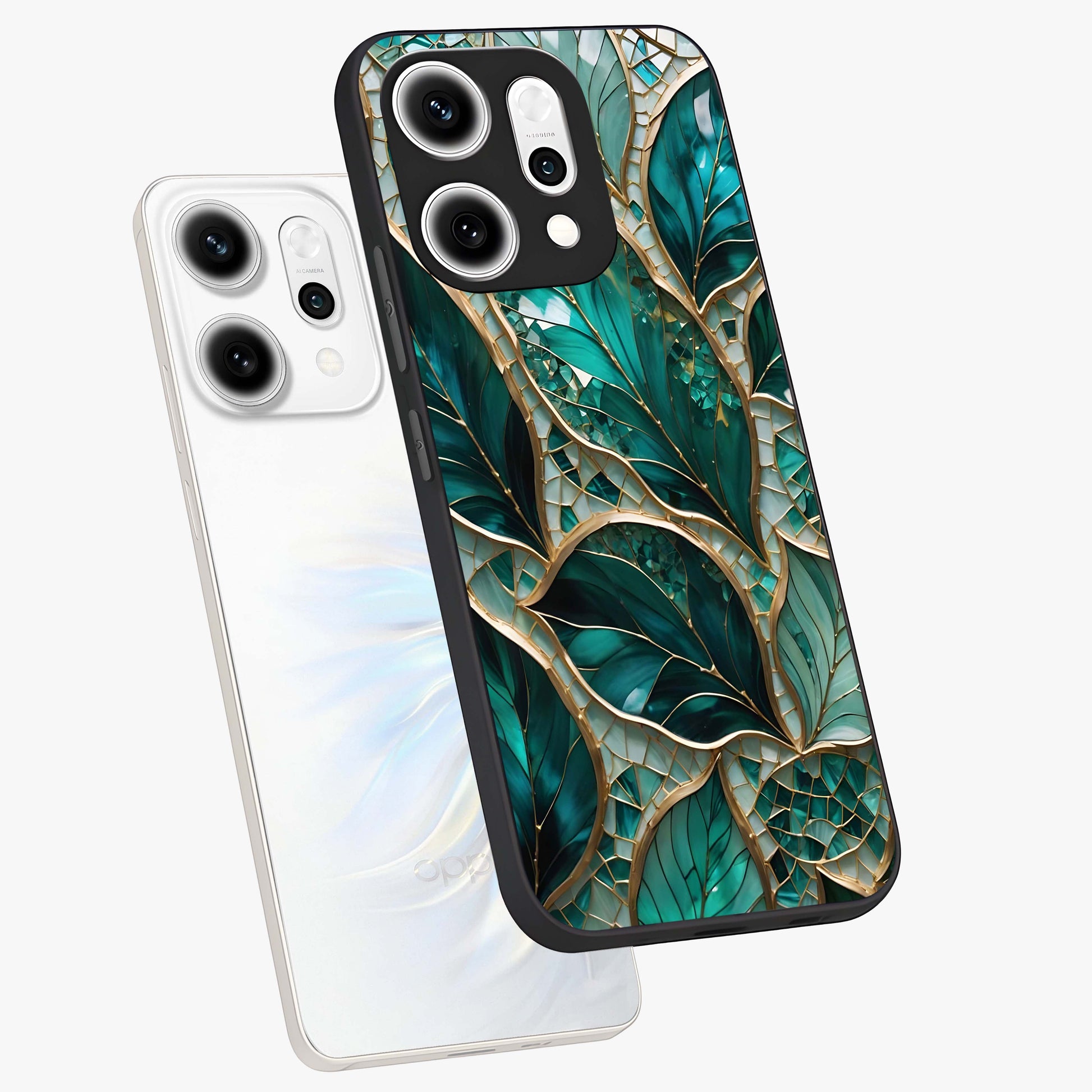 Emerald Leaf Glass Glass Case displayed in angled mockup highlighting botanical leaf illustration with elegant natural aesthetic.