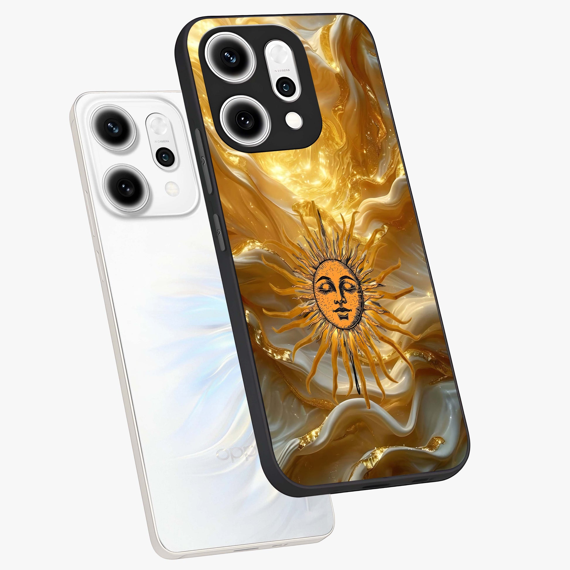 Eternal Golden Glow Glass Case displayed in angled mockup highlighting glowing golden aesthetic design with elegant style.