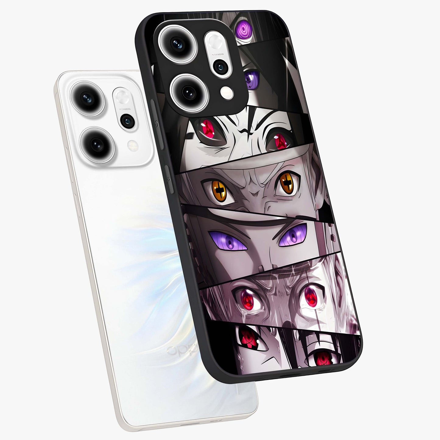 Eyes of Destiny Glass Case displayed in angled mockup highlighting bold eye illustration with mystical aesthetic style.