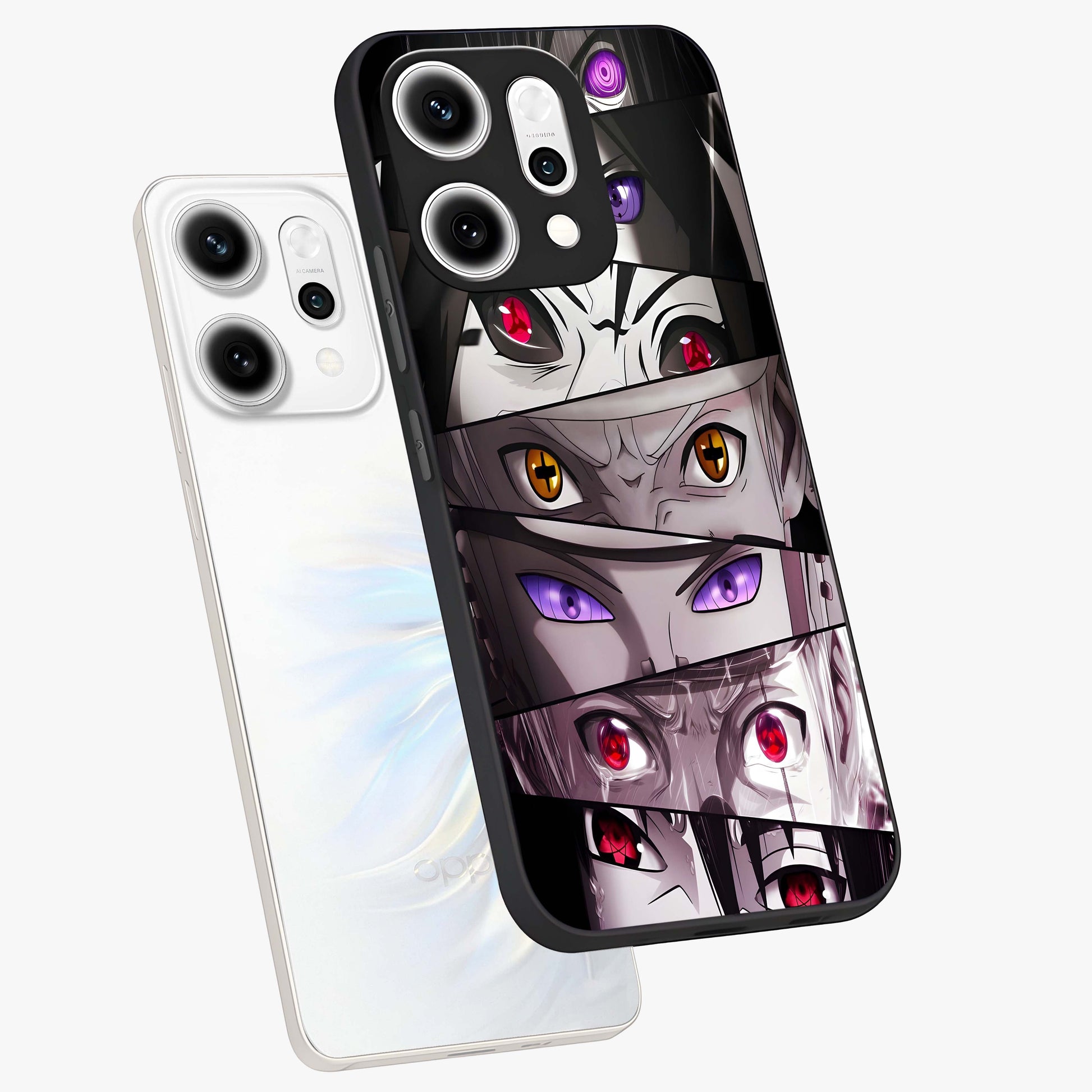 Eyes of Destiny Glass Case displayed in angled mockup highlighting bold eye illustration with mystical aesthetic style.