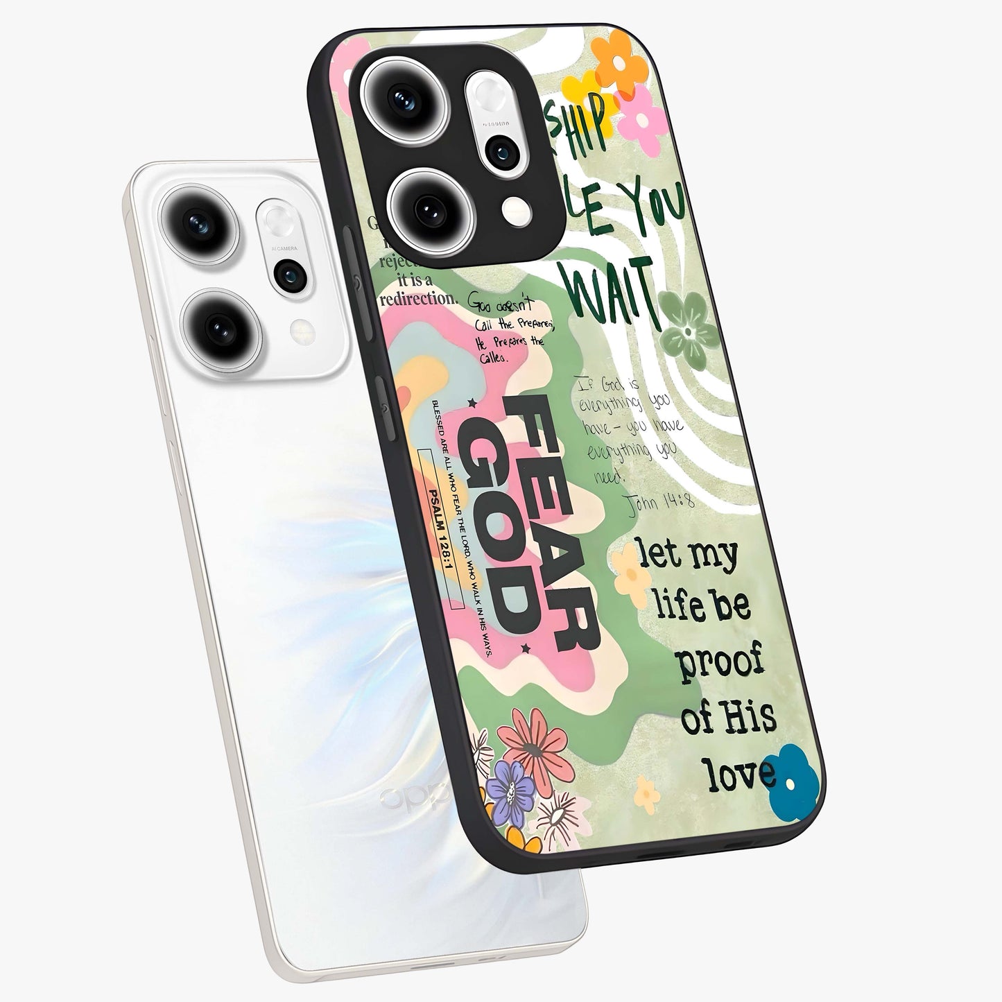 Faith Over Fear Glass Case displayed in angled mockup highlighting inspirational message design with modern aesthetic style.