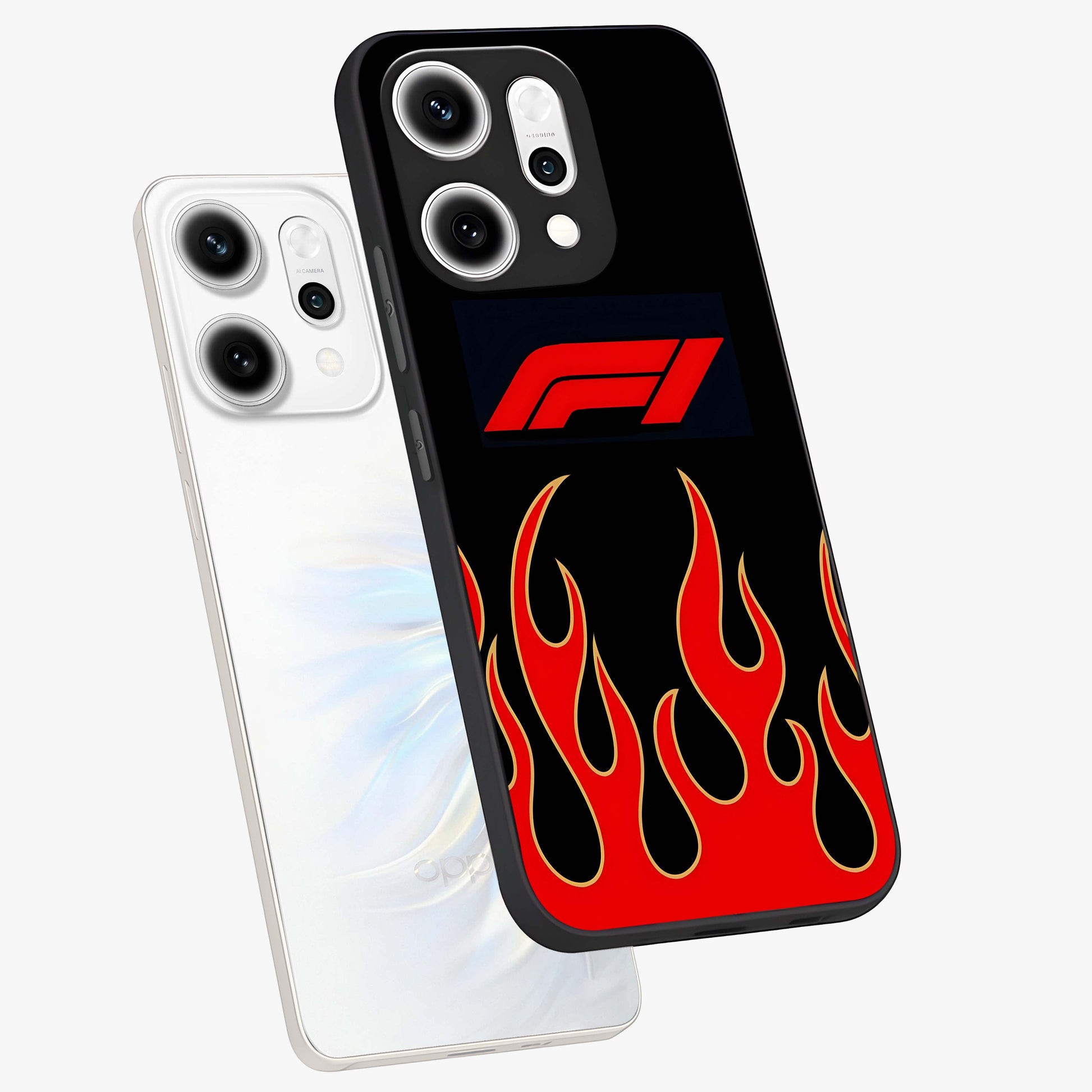Fire F11 Glass Case displayed in angled mockup highlighting bold fire inspired graphic with energetic aesthetic style.