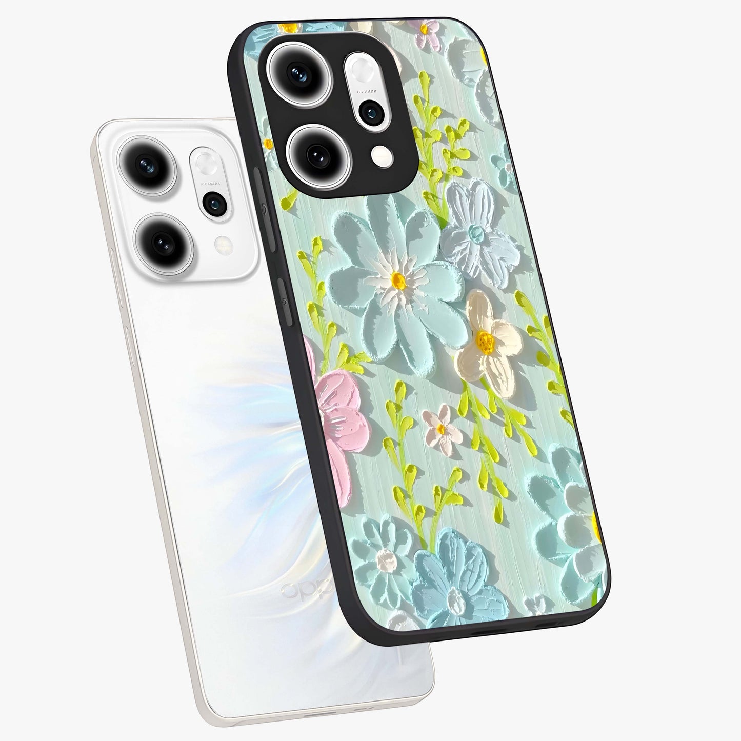 Frosted Petal Garden Glass Case displayed in angled mockup highlighting delicate flower petal design with calm garden aesthetic.