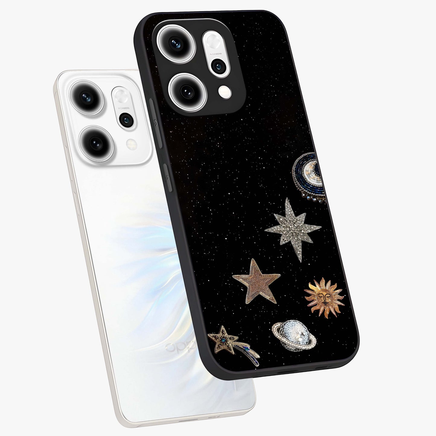 Galactic Charm Glow Glass Case displayed in angled mockup highlighting luminous galaxy inspired design with dreamy aesthetic.
