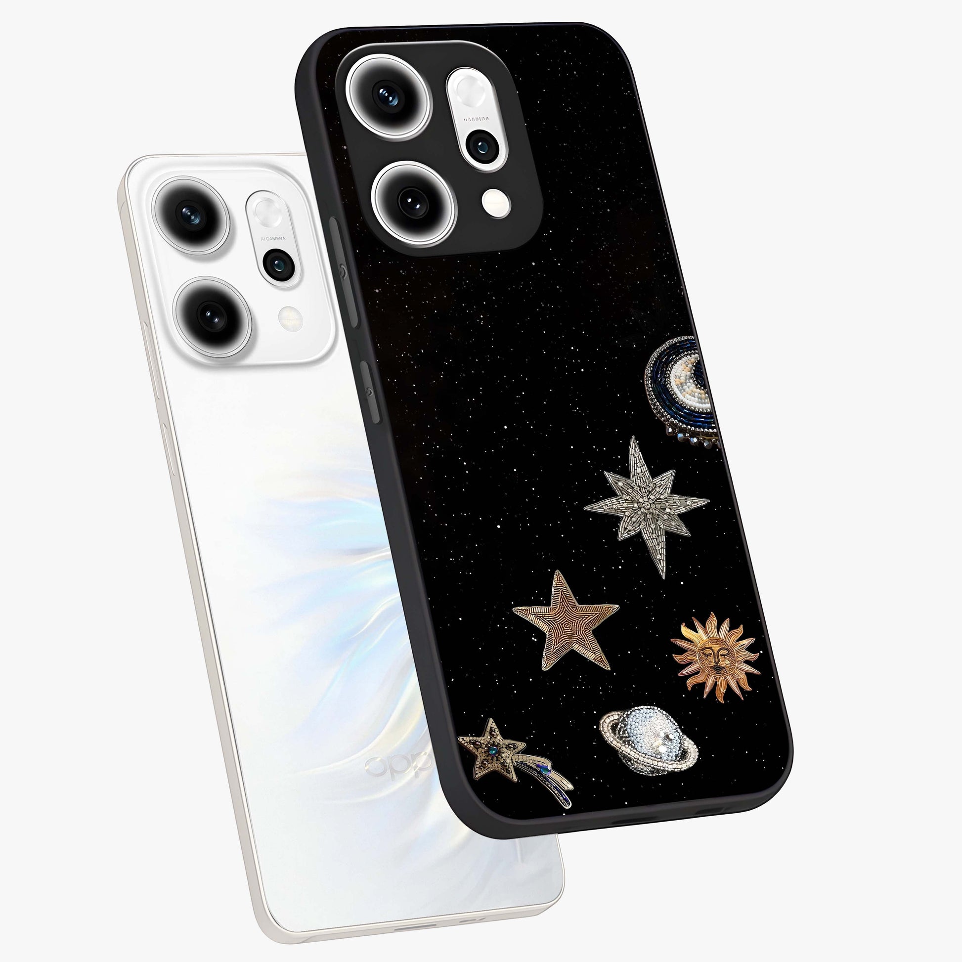 Galactic Charm Glow Glass Case displayed in angled mockup highlighting luminous galaxy inspired design with dreamy aesthetic.