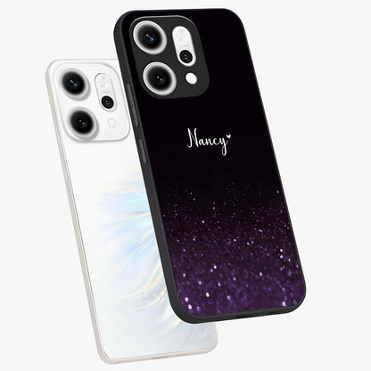 Glittery Purple Bokeh Custom Name Glass Case displayed in angled mockup highlighting glitter bokeh pattern with custom name feature.