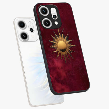 Golden Sun Minimalism Glass Case displayed in angled mockup highlighting clean sun symbol design with modern minimal aesthetic.