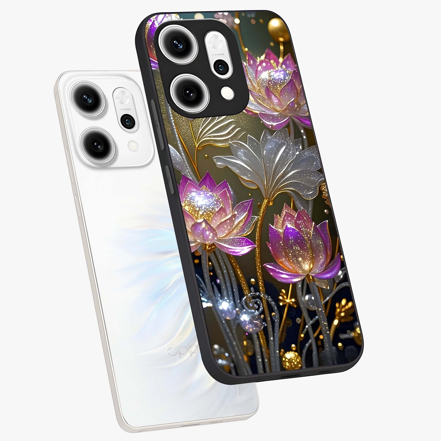 Golden Floral Majesty Glass Case displayed in angled mockup highlighting elegant flower design with royal golden aesthetic.