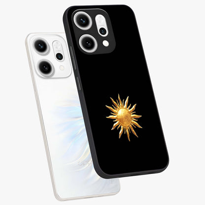 Golden Sun Minimalism Glass Case displayed in angled mockup highlighting eerie shadow illustration with gothic aesthetic.