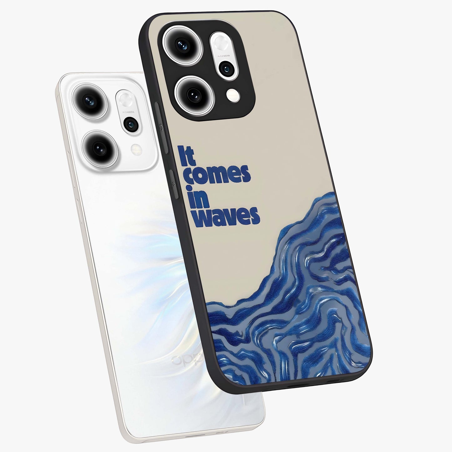 It Comes In Waves Quote Glass Case displayed in angled mockup highlighting ocean wave typography design with aesthetic style.