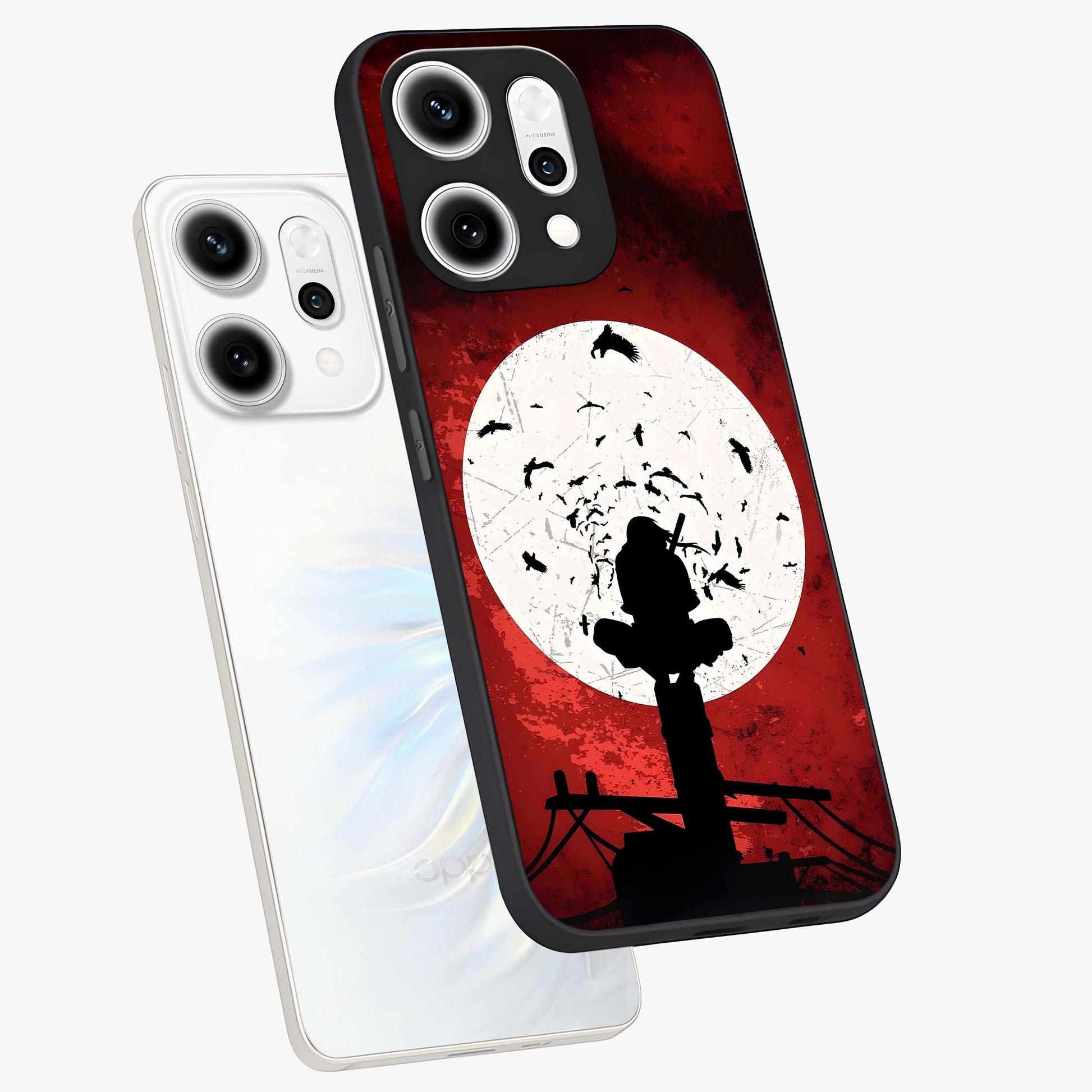 Itachi Limited Edition Naruto Anime Glass Case displayed in angled mockup highlighting dramatic anime illustration with bold action aesthetic.