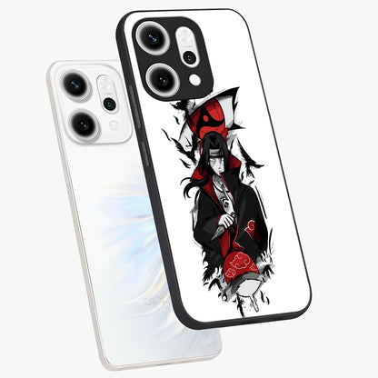 Itachi Sharingan Glass Case displayed in angled mockup highlighting striking sharingan eye design with dramatic anime aesthetic.