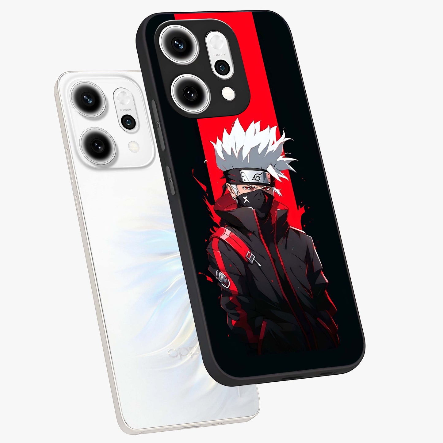 Kakashi Scarlet Shadow Glass Case displayed in angled mockup highlighting dramatic ninja illustration with scarlet themed aesthetic.