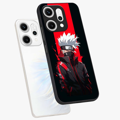 Kakashi Scarlet Shadow Glass Case displayed in angled mockup highlighting dramatic ninja illustration with scarlet themed aesthetic.