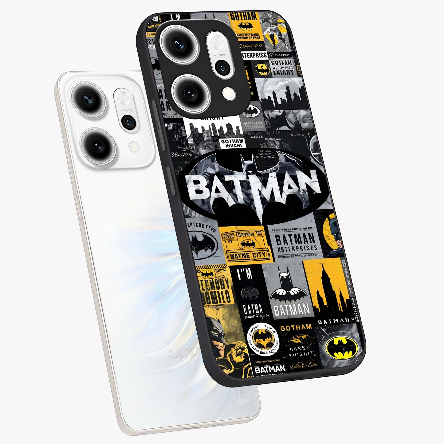 Knight Gotham Rise Glass Case displayed in angled mockup highlighting powerful knight silhouette design with dramatic aesthetic.