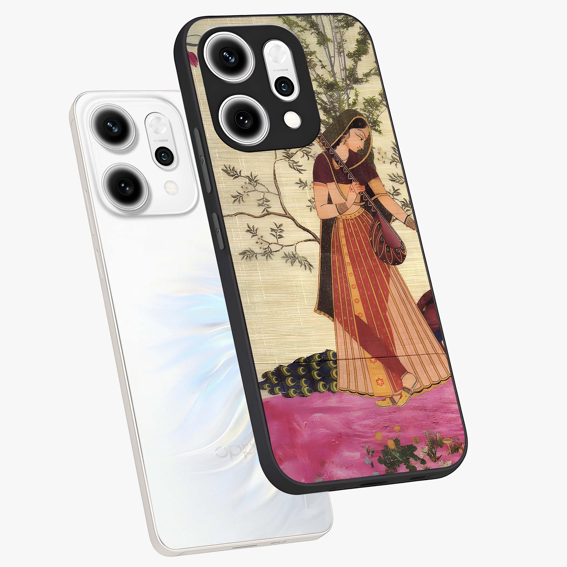 Lady With Veena Art Glass Case displayed in angled mockup highlighting graceful musical illustration with cultural artistic aesthetic.