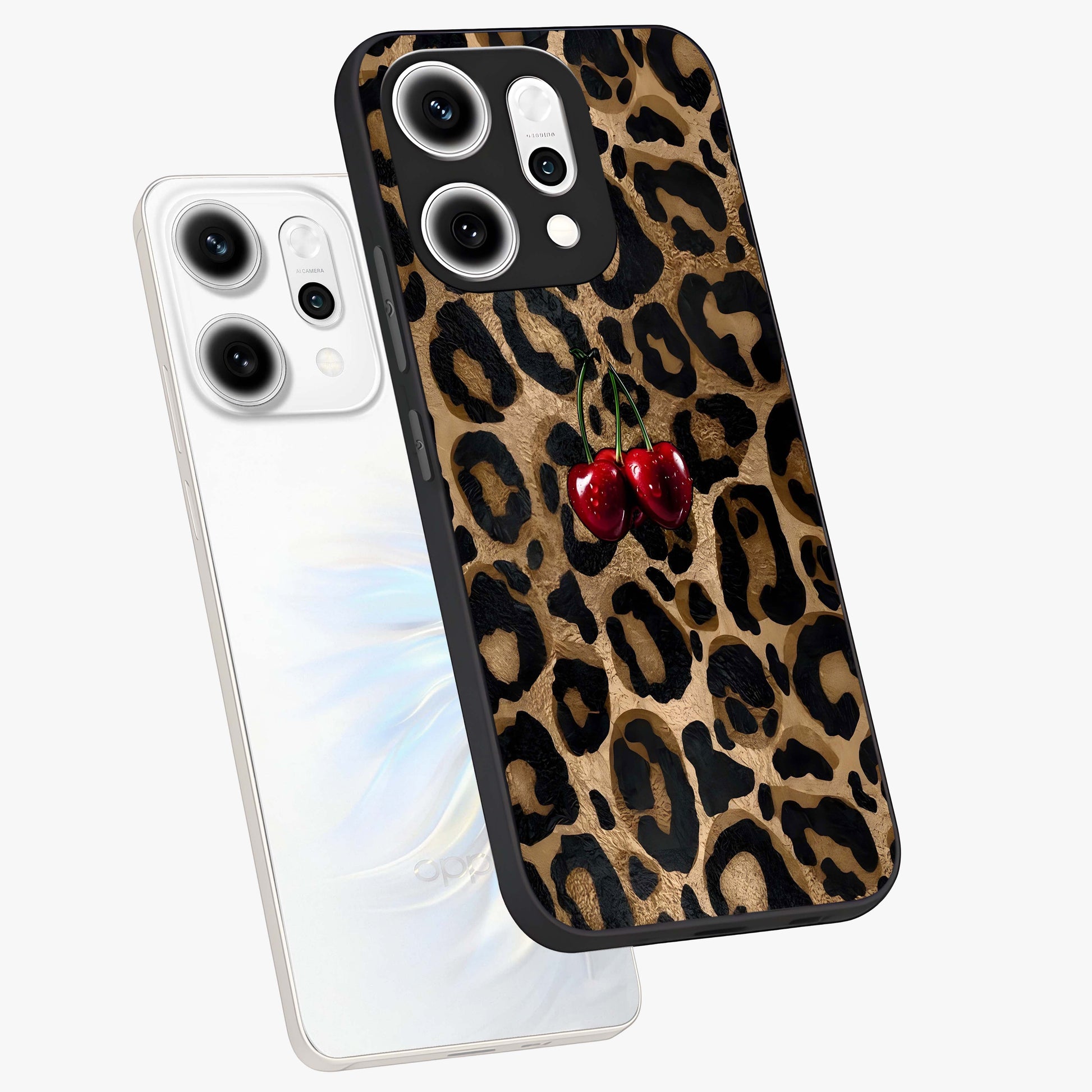 Leopard Wild Cherry Glass Case displayed in angled mockup highlighting bold animal print design with playful cherry aesthetic.