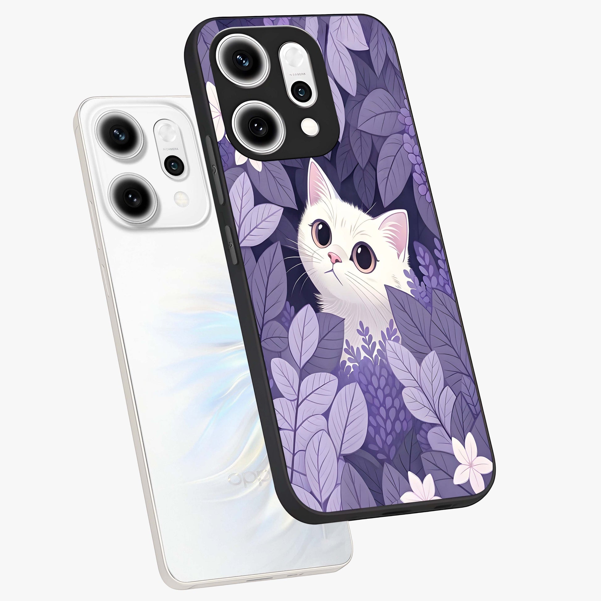 Lilac Hide Peek Cat Glass Case displayed in angled mockup highlighting playful feline illustration with lilac aesthetic design.