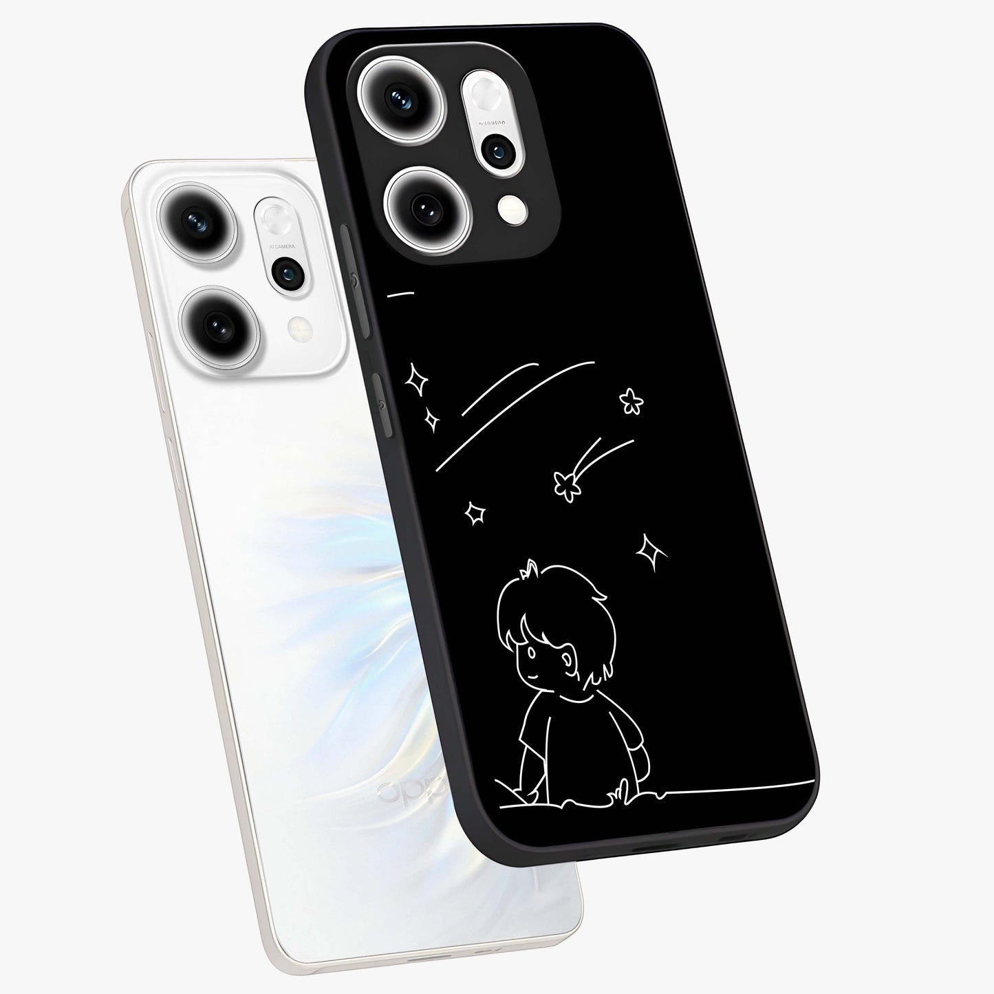 Line Art Boy With Shooting Stars Glass Case displayed in angled mockup highlighting elegant line art design with dreamy star aesthetic.