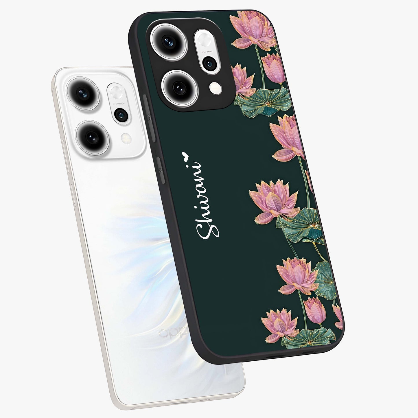 Lotus Bloom Serenity Custom Name Glass Case displayed in angled mockup highlighting graceful lotus illustration with custom name feature.