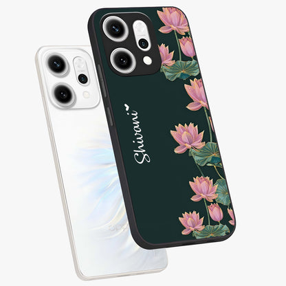 Lotus Bloom Serenity Custom Name Glass Case displayed in angled mockup highlighting graceful lotus illustration with custom name feature.