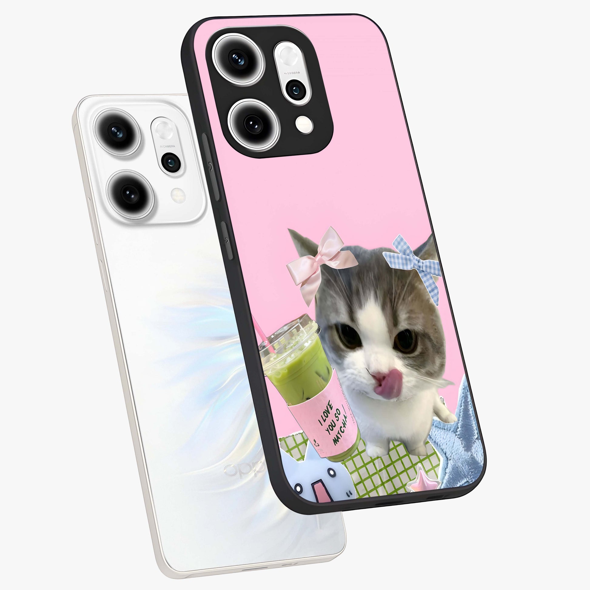 Love Matcha Cat Glass Case displayed in angled mockup highlighting playful feline illustration with cozy matcha aesthetic.