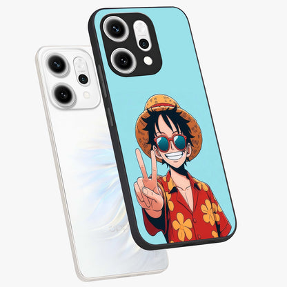 Luffy Summer Anime Vibe Glass Case displayed in angled mockup highlighting energetic anime illustration with summer vibe aesthetic.
