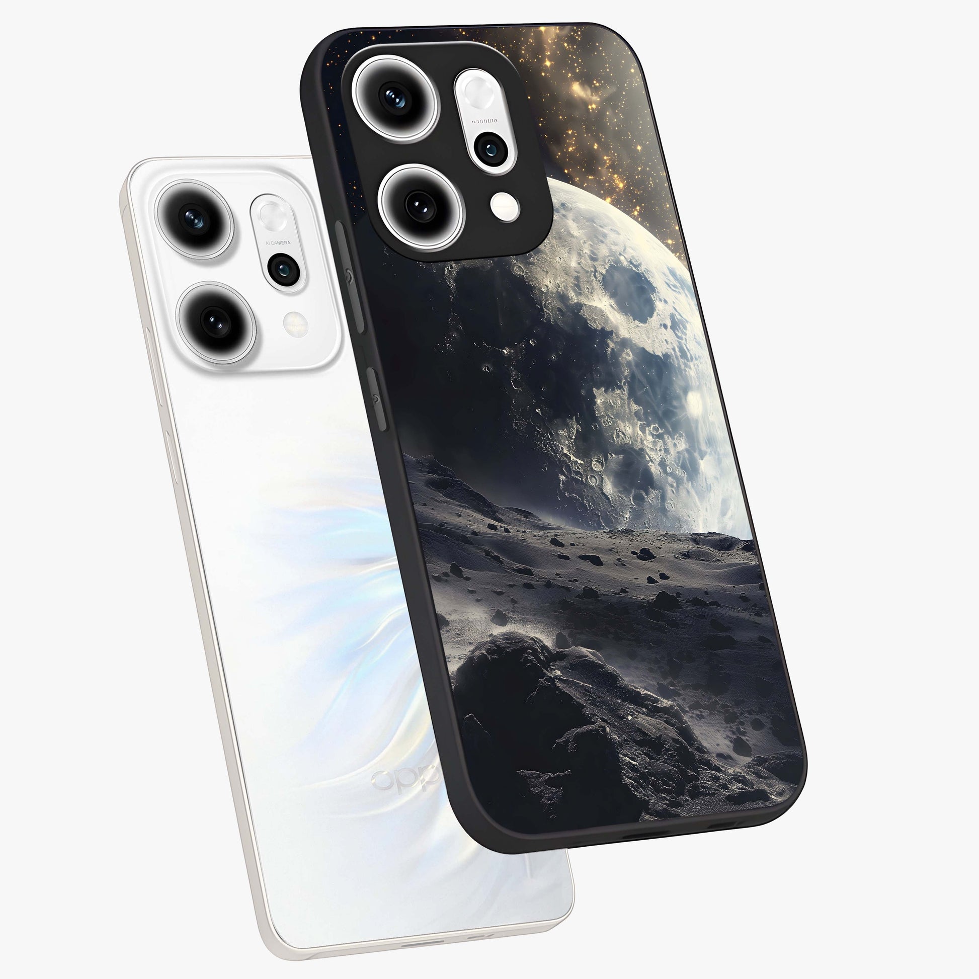Lunar Horizon Glow Glass Case displayed in angled mockup highlighting celestial moon design with dreamy night aesthetic.