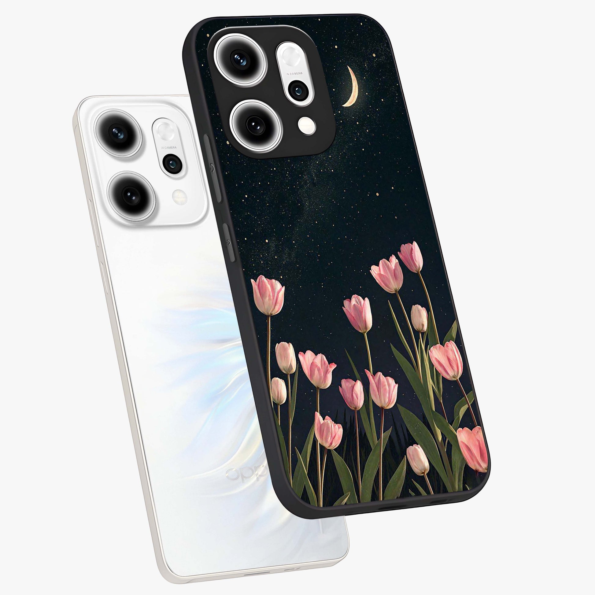 Midnight Tulip Whispers Vibe Glass Case displayed in angled mockup highlighting delicate tulip design with midnight floral aesthetic.