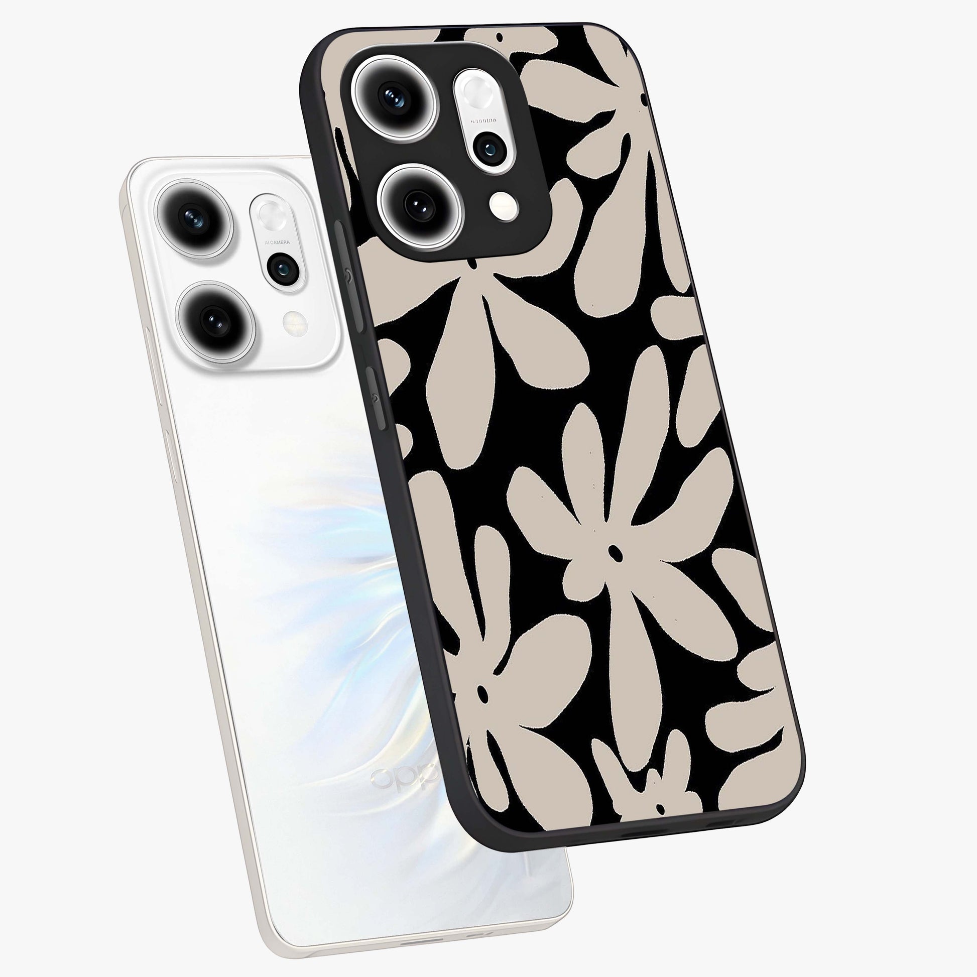 Monochrome Petal Dance Glass Case displayed in angled mockup highlighting elegant petal design with black and white aesthetic.