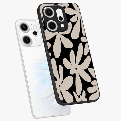 Monochrome Petal Dance Glass Case displayed in angled mockup highlighting elegant petal design with black and white aesthetic.