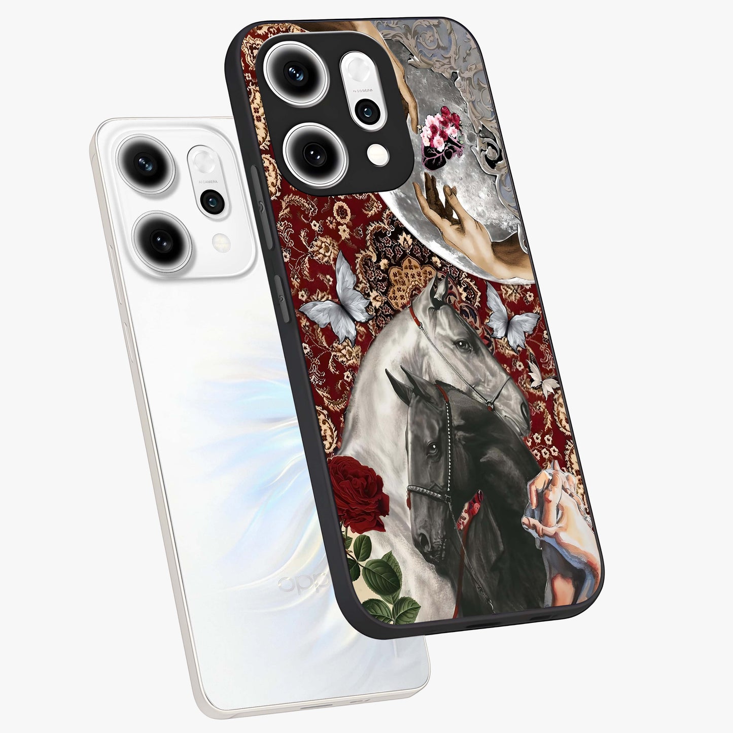 Moonlit Royal Stallion Glass Case displayed in angled mockup highlighting powerful stallion illustration with royal night aesthetic.
