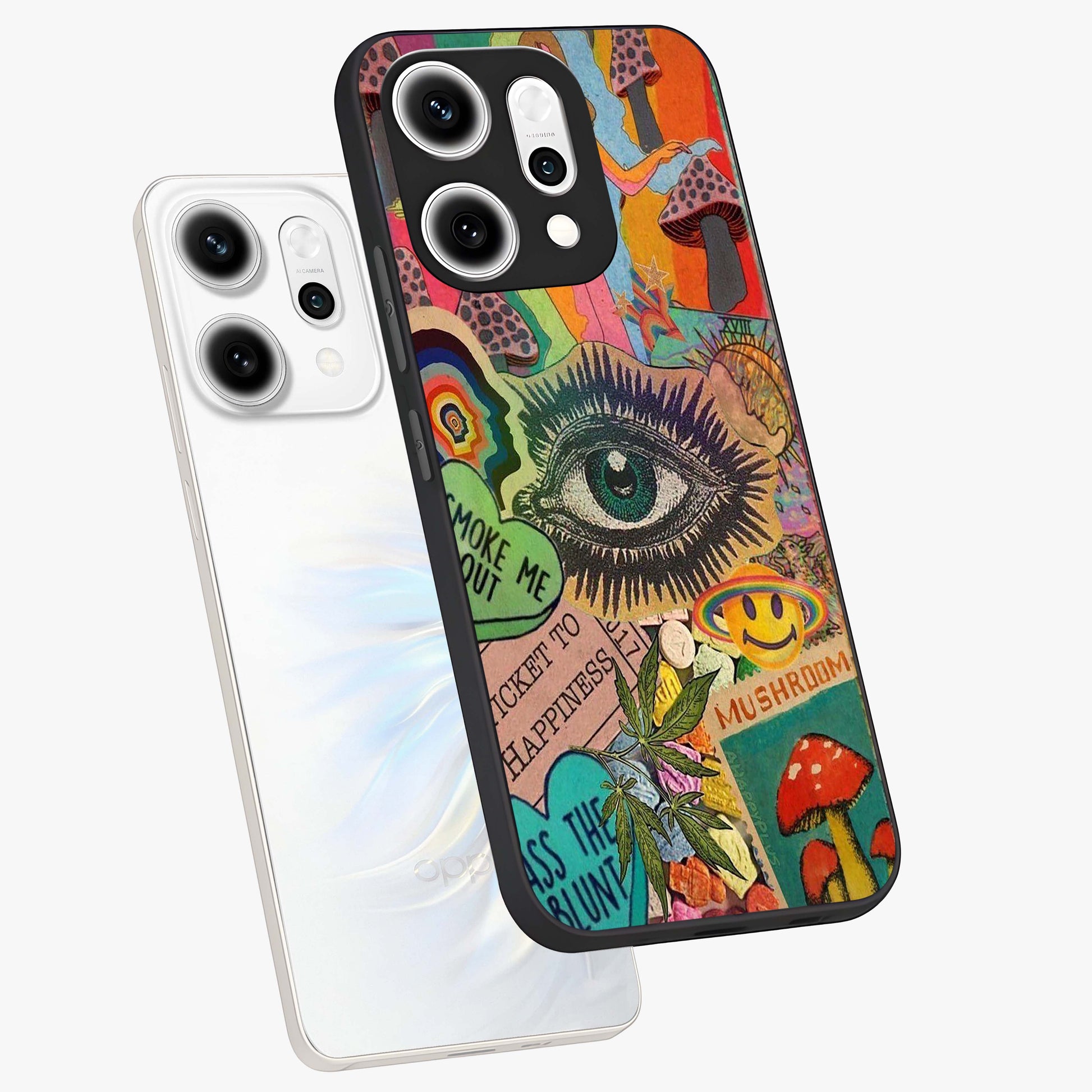 Mystic Eye Wonderland Glass Case displayed in angled mockup highlighting magical eye illustration with dreamy aesthetic.