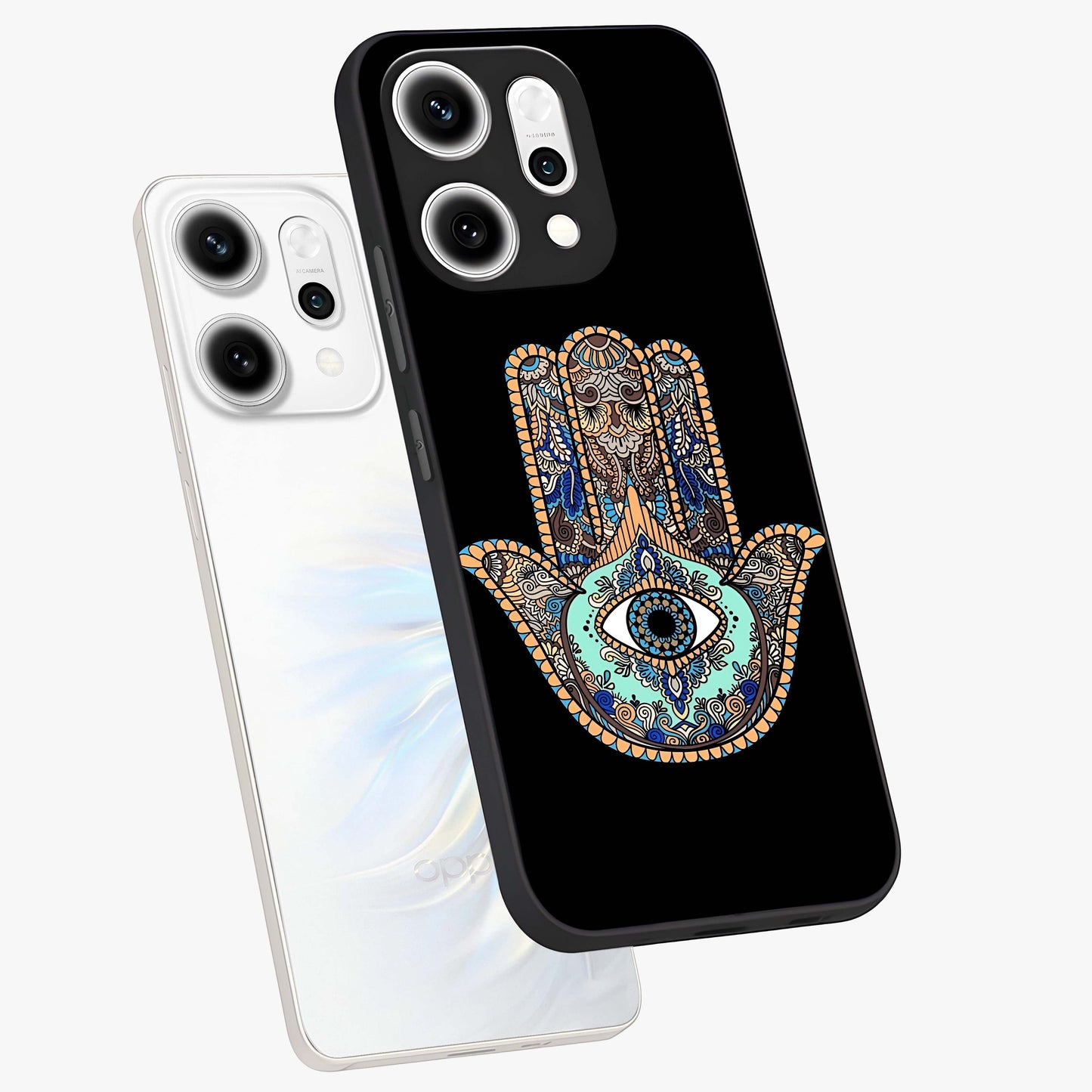 Mystic Hamsa Eye Glass Case displayed in angled mockup highlighting spiritual hamsa symbol with mystical aesthetic style.