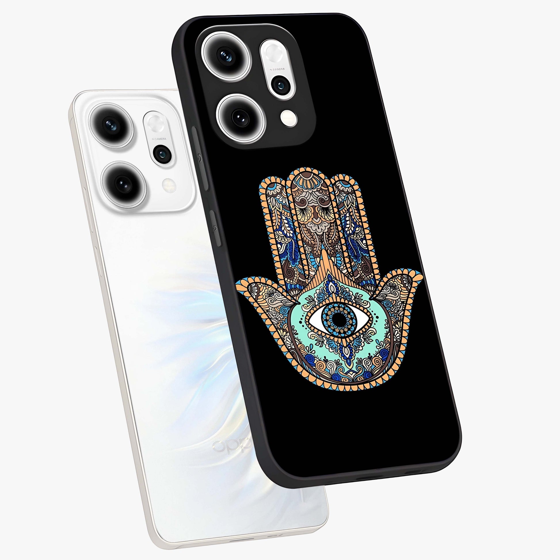 Mystic Hamsa Eye Glass Case displayed in angled mockup highlighting spiritual hamsa symbol with mystical aesthetic style.