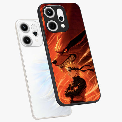 Nine Tails Legacy Glass Case displayed in angled mockup highlighting dynamic anime beast illustration with bold mystical aesthetic.