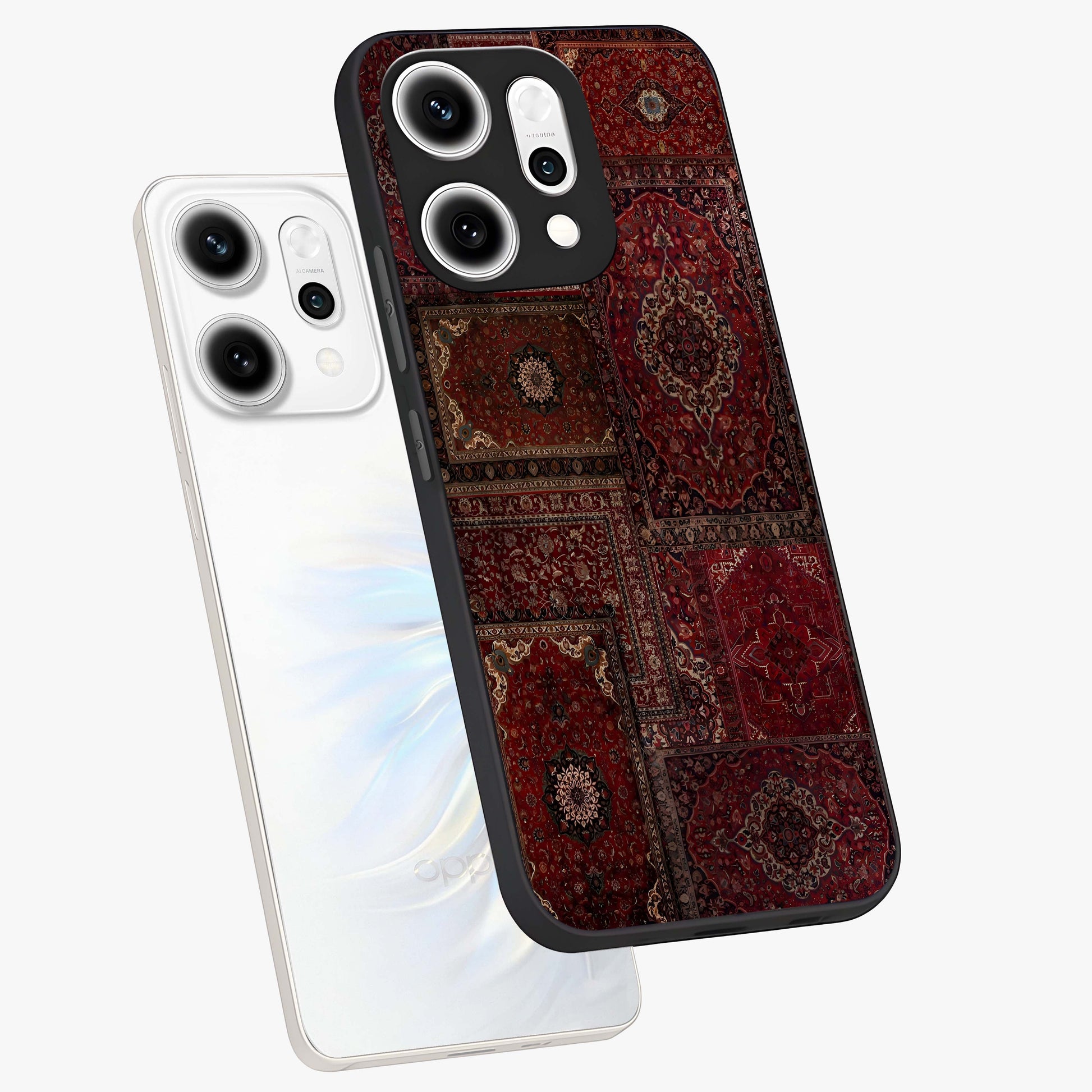 Persian Velvet Tale Glass Case displayed in angled mockup highlighting ornate textile inspired design with royal aesthetic.