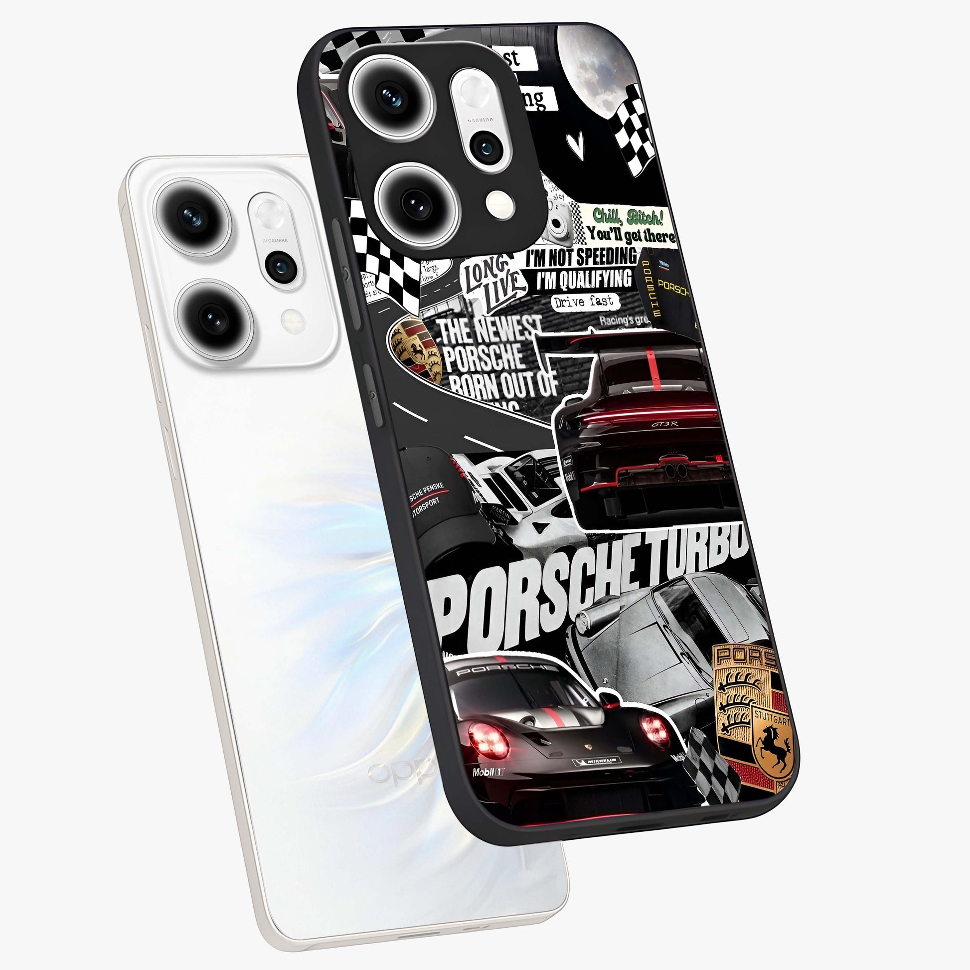 Porsche Racing Collage Glass Case displayed in angled mockup highlighting dynamic automotive design with bold racing aesthetic.