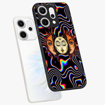 Psychedelic Sun Glass Case displayed in angled mockup highlighting vibrant abstract sun design with artistic aesthetic style.