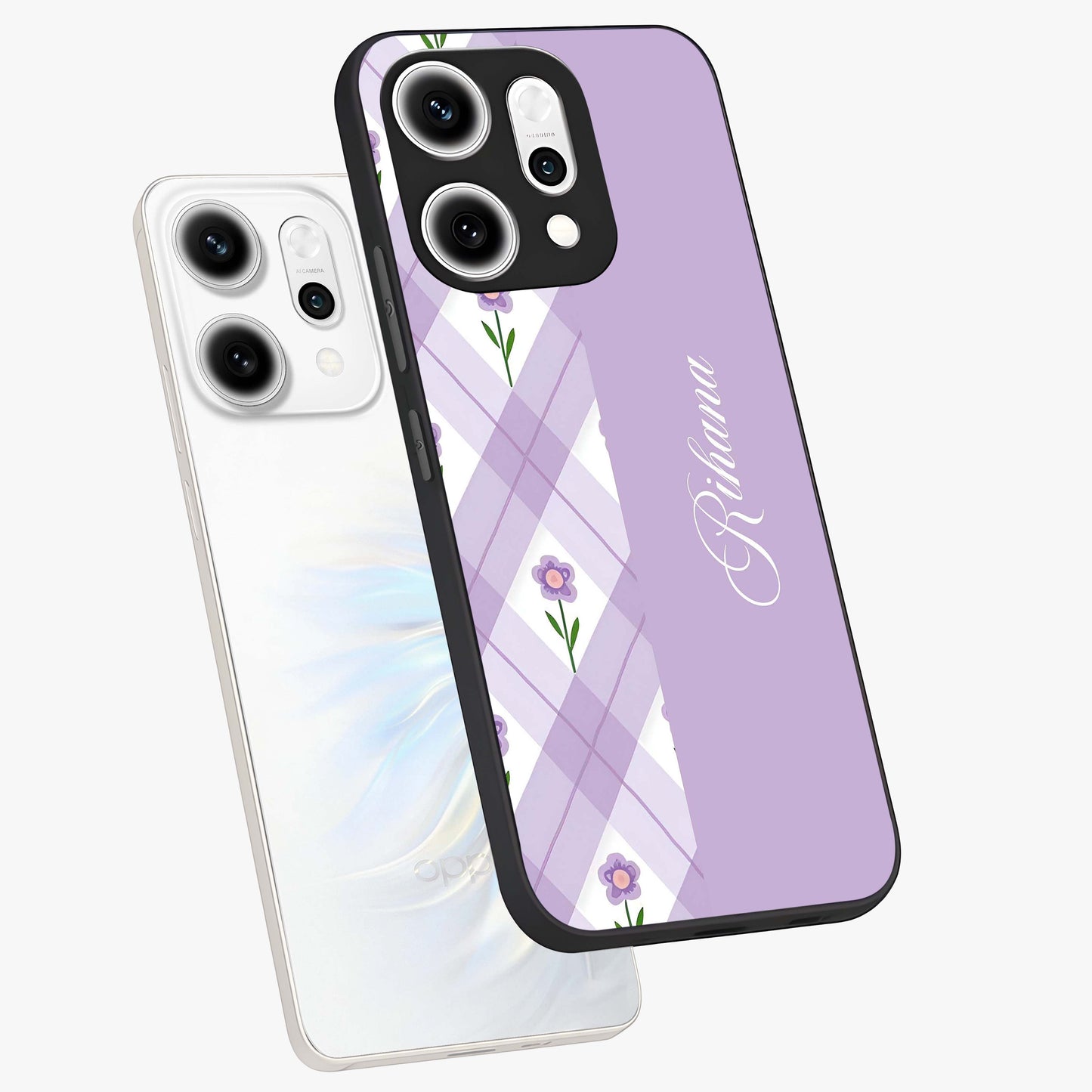 Purple Diamond Floral Glass Case displayed in angled mockup highlighting elegant purple flower design with decorative pattern.