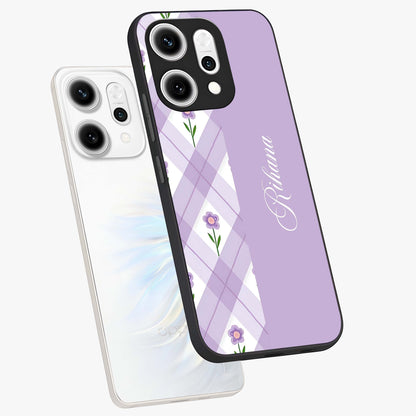 Purple Diamond Floral Glass Case displayed in angled mockup highlighting elegant purple flower design with decorative pattern.