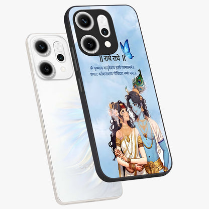 Radha Krishna Eternal Glass Case displayed in angled mockup highlighting divine Radha Krishna illustration with spiritual aesthetic.