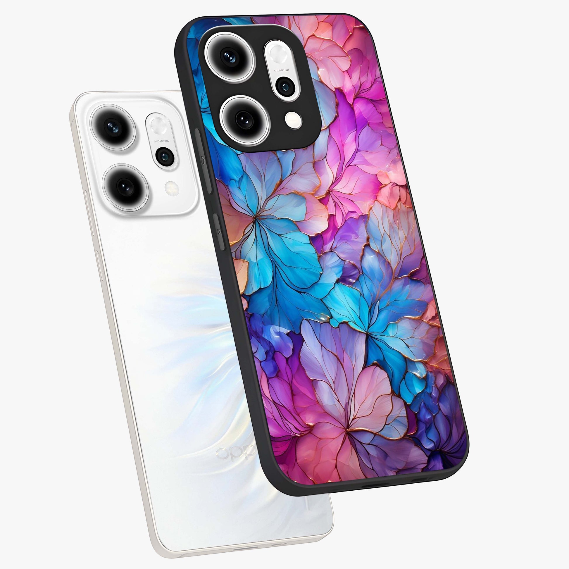 Radiant Floral Whirl Glass Case displayed in angled mockup highlighting vibrant flower pattern with dynamic artistic aesthetic.