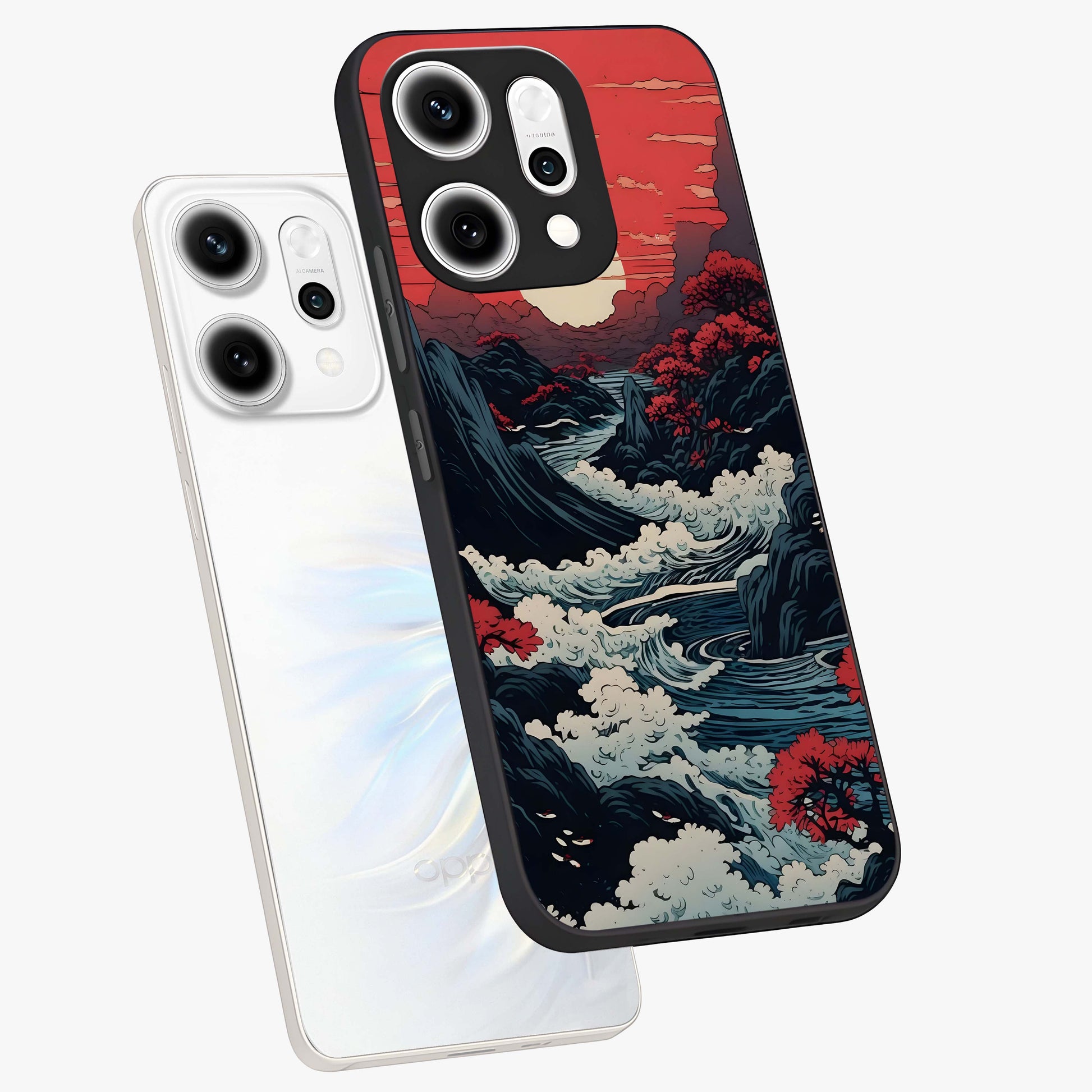 Red Sunset Scenery Glass Case displayed in angled mockup highlighting glowing sunset sky design with scenic aesthetic.